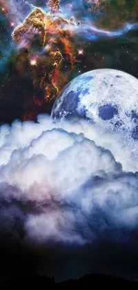 This stunning phone live wallpaper features a surreal digital art image of a full moon in the night sky - perfect for lovers of the moon and the universe