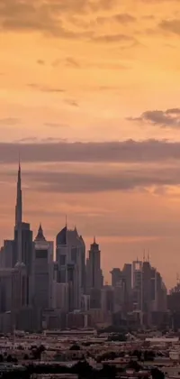 This live wallpaper displays a bustling city at sunset, with vivid hues of orange, purple and red illuminating the sky behind towering buildings