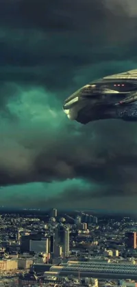 This live wallpaper features a flying spaceship above a futuristic city under a cloudy sky