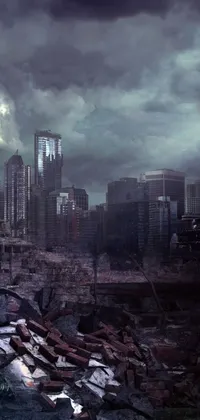 This phone live wallpaper depicts a post-apocalyptic city near a polluted body of water, filled with rubble and debris, and infested with zombies