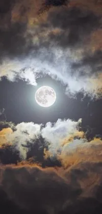 Adorn your phone screen with a stunning live wallpaper featuring a full moon shining through clouds