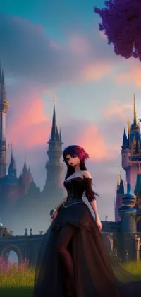 This phone live wallpaper captures a timeless Disney-style fantasy art scene against a beautiful castle backdrop