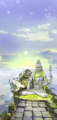 This phone live wallpaper features a digital rendering of a statue of the Hindu god Shiva in a meditative pose on a pier overlooking a peaceful body of water