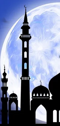 This phone live wallpaper depicts a stunning mosque silhouette against a serene full moon background