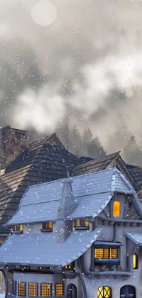 Turn your phone screen into a winter wonderland with this Studio Ghibli live wallpaper featuring a quaint cottage with a clock, set against a stunning mountain backdrop