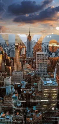 This live wallpaper showcases a stunning and vibrant cityscape from the top of a building, highlighted by an artistic album cover with bold typography