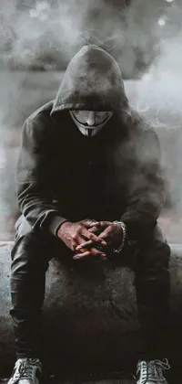 This live wallpaper features a hooded figure sitting on a ledge, wearing a black mask and smoking a cigarette