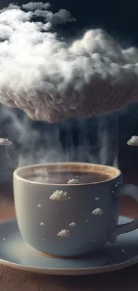 This phone live wallpaper depicts a cup of coffee with a cloud-like steam rising from it, created in a highly conceptual art style