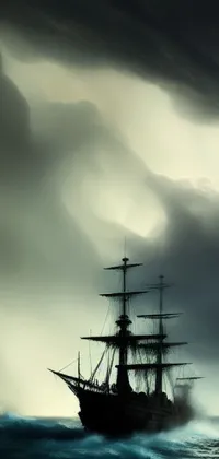 This live wallpaper features a black and white photo of a ship in the midst of a stormy ocean, with digital rendering elements and a ghostly pirate appearing in the image
