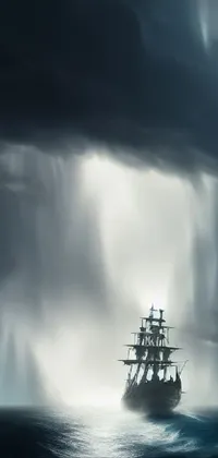This phone live wallpaper shows a pirate ship in the middle of a stormy ocean