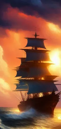This is a stunning, high-quality live wallpaper that depicts a ship sailing in the ocean during a captivating sunset