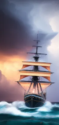 This phone live wallpaper showcases a beautifully crafted digital painting featuring a tall ship sailing on a body of water