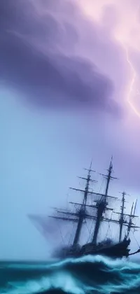 This highly-detailed phone live wallpaper showcases a digital rendering of an old pirate ship in the middle of a large body of water