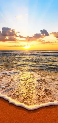 Transform your phone into a captivating paradise with this beach sunset live wallpaper! Featuring a stunning Shutterstock image, foamy waves gently lap the sandy shore while a breathtaking golden sunset illuminates the sky in rich hues