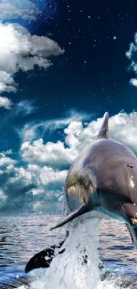 This live wallpaper for your phone showcases a breathtaking ocean scene, complete with a jumping dolphin and a distant planet