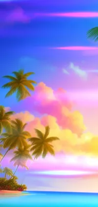 This phone live wallpaper showcases a stunning digital illustration of a beach with palm trees