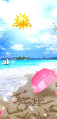 This phone live wallpaper showcases an image of a stunning pink umbrella gently resting on a sandy beach
