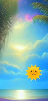 This phone live wallpaper showcases a yellow sun shining down on a sandy beach that's surrounded by palm trees