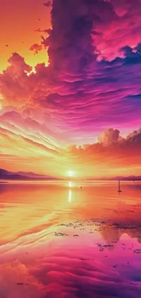This phone live wallpaper is a breathtaking depiction of a sunset reflecting on water