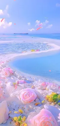 This stunning phone live wallpaper features pink roses on a sandy beach, set against crystal-clear blue water and a dreamy field of fantasy flowers