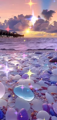 This live phone wallpaper showcases a picturesque beach with digital art elements and sparkling gems atop
