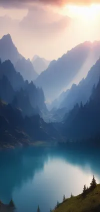 Adorn your phone with a live wallpaper displaying a scenic view of a vast water body surrounded by beautiful mountains