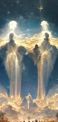 This phone live wallpaper features a group of three figures as winter spirits in front of a painting of angels