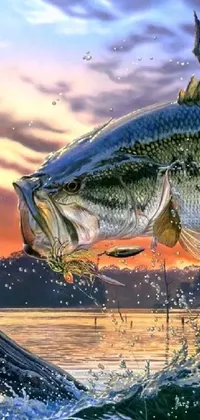 Transform your phone with a stunning live wallpaper featuring a large mouth bass jumping out of the water at dusk