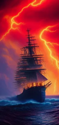This phone live wallpaper features a digital rendering of a ship in the middle of a large body of water, creating a peaceful and calming ambiance on your phone screen