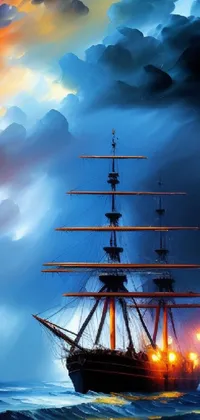 This stunning live wallpaper features a digital painting of a ship sailing upon a deep blue ocean