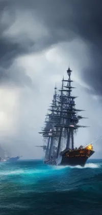 This live wallpaper depicts two pirate ships engaged in a high-seas battle at night