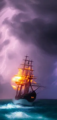 This live wallpaper for phone showcases a ship sailing in the ocean amidst lightning flashes in the backdrop