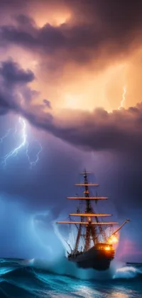 Experience the thrill of adventure on a pirate ship in the middle of a storm with this live phone wallpaper