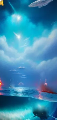 Experience a breathtaking live wallpaper on your phone! Witness a group of ships floating atop a glistening body of water in this concept art-inspired image, created using the beauty of aetherpunk airbrush digital art