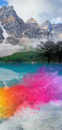 This phone live wallpaper features a stunning digital art painting of a body of water with a mountain in the background, inspired by the beautiful Banff National Park