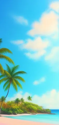 This live wallpaper features a serene digital painting of a tropical beach with palm trees