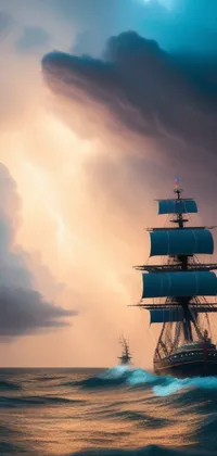 This phone live wallpaper features a photorealistic digital painting of a tall ship sailing on stormy waters under a dramatic sky with thunders