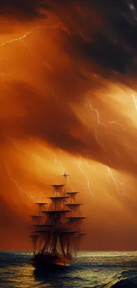 This stunning live wallpaper features a beautiful digital artwork of a ship sailing through stormy oceans