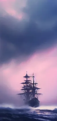 This phone live wallpaper showcases a stunning digital painting of a pirate ship sailing across a vast, tranquil body of water