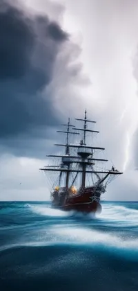 This phone live wallpaper showcases a pirate-themed ship sailing on a stormy night, surrounded by vast open water