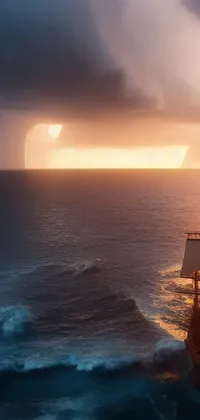 This stunning live wallpaper showcases a pirate ship in a vast body of water during an intense evening storm