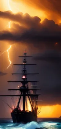 This phone live wallpaper features a ship sailing in stormy waters under a lightning-filled sky, captured in great detail