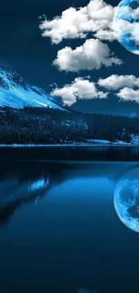 This stunning phone live wallpaper features a beautiful scene of a full moon rising over a serene mountain lake