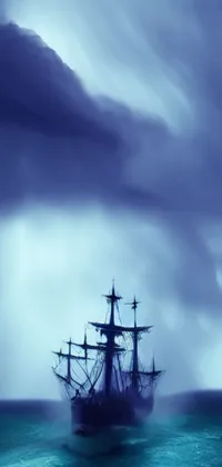Adorn your phone screen with an enchanting live wallpaper showcasing a striking neon pirate ship amidst a stormy ocean with a cloudy sky in the background