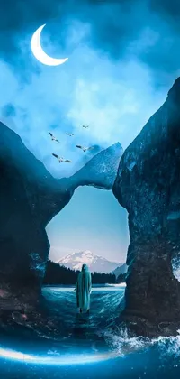 This phone live wallpaper is an enchanting depiction of a lone figure standing in a body of water, surrounded by a stunning matte painting of a fantasy landscape