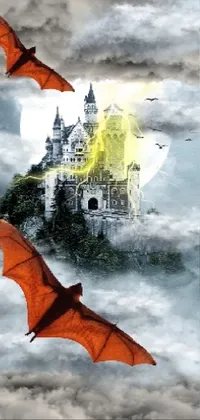 This phone live wallpaper depicts a beautiful bird on top of a mountain with a castle, combined with surreal and imaginative elements including vampire bats and a dragon made of clouds, presented seamlessly through Photoshop collages technique
