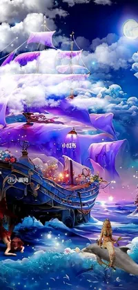 This Lisa Frank-inspired live wallpaper features a whimsical and fantastical scene of a girl riding a dolphin against a giant pirate ship