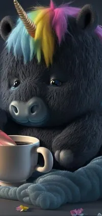 This fun and colorful phone live wallpaper features a cute stuffed animal and a steaming cup of coffee