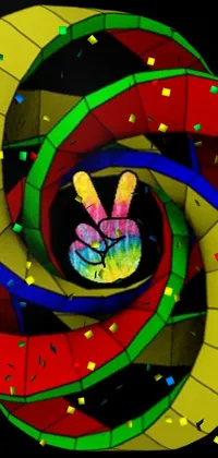 This phone live wallpaper showcases a colorful object on a black background, with a vibrant peace sign at its center