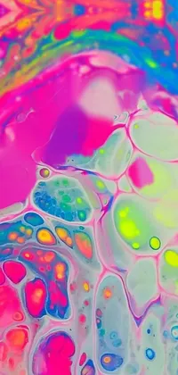 This live phone wallpaper showcases a colorful liquid painting with a stunning microscopic photo effect